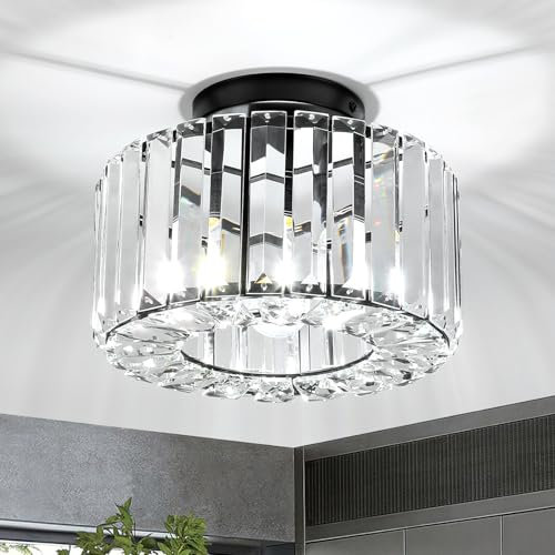 FORCOSO Kristall Deckenleuchte Ø245mm, Kronleuchter Schwarz mit Metall Rahmen Lampenschirm, Sockel E27 Deckenlampe, Moderne Lampe für Schlafzimmer Wohnzimmer Flur Küche Esszimmer