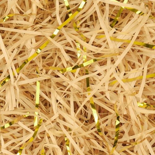 HXJDAM 300g Papier Déchiqueté Marron et Or, Rafia Frisure Pour Emballage, Papier Dechire Pour Colis, Remplissage Boite Cadeau