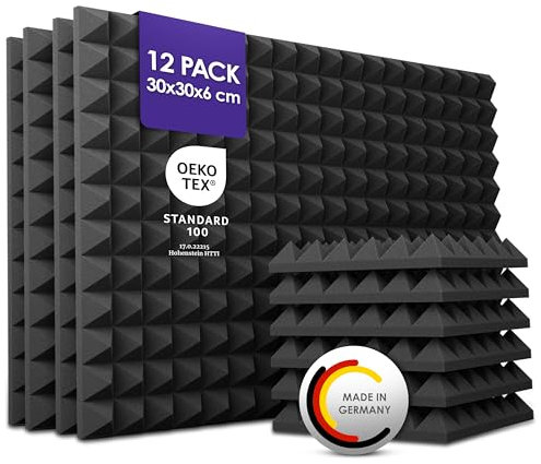 PolySound Pyramidenschaumstoff Akustikpaneele - 12 Stück 30x30x6cm, Schallabsorber aus Schaumstoff für Effektive Schalldämmung, Akustikplatten Schwarz
