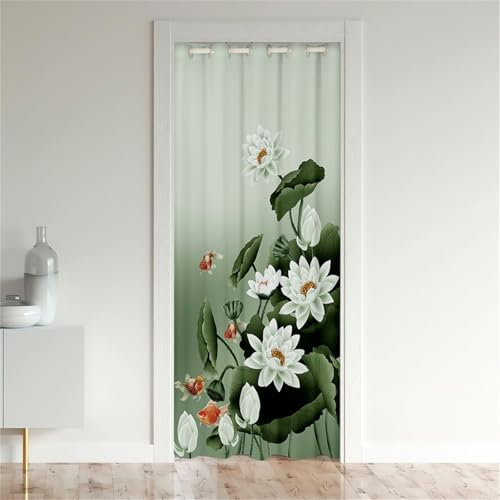 Odot Blackout Vorhang mit Ösen, 3D Lotusblume Muster Verdunkelungsvorhänge Raumteiler Vorhang Thermo Türvorhang - Winddicht Türtrenner/Raumverdunkelung (167x228cm,Koi-Karpfen)