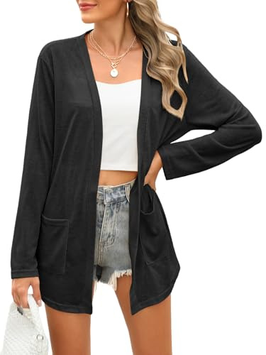 Wiwclo Womens Plus Size Long Sleeve Kimono Cardigans Lightweight Fall Cardigan Casual Loose Fit Duster Cover Up Curved Hem with Pockets,Black,3XL