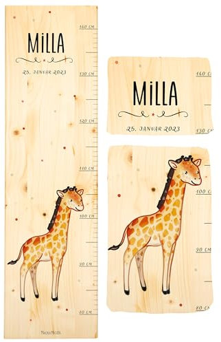 Muckelmeister Messlatte Kinder aus Holz personalisert 80-140cm - Muckelfreunde - 70x20x2cm Kinderzimmer Deko - Geschenke zur Geburt - Maßband Kinder Wand - Geschenkidee Kleinkind - Giraffe
