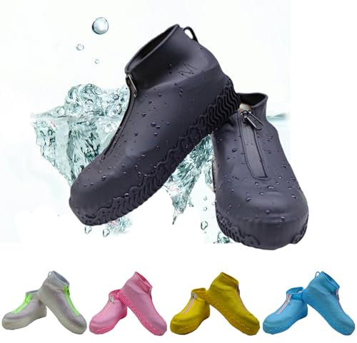 MUFEKUM Silikon Wasserdicht Schuhüberzieher, Mehrweg Silikon Überschuhe mit Reißverschluss, Silikon Regenüberschuhe Rutschfeste Überschuhe Für Regen Schneetag Schlammige Straßen (Schwarz, M)
