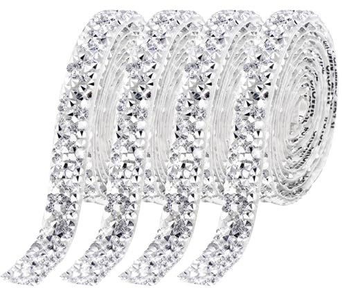 HonGien 4 Rollen Crystal Rhinestone Ribbons Diamant Bling Band Selbstklebende Kristall Strass DIY Diamant Band für Hochzeit Geburtstag DIY Dekoration (Silber, 10mm)