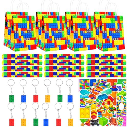 HEYOWUJ Building Blocks Birthday Party Bag Set 86 Pcs,Boys Building Blocks Party,Birthday Party Gift Kids,Gift Bag,Key Ring,Snap Bracelet,Stickers,Children Supplies, Giveaway,Guest Gift