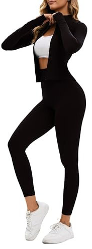 Belriviere Zweiteiliges Damen-Trainingsanzug-Set, langärmelig, Reißverschlussjacke mit sportlicher Leggings mit hoher Taille, Workout-Set, Schwarz , M