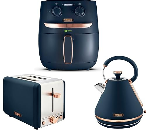 Tower Cavaletto Midnight Blue 1.7L 3KW Pyramid Kettle, 2 Slice Toaster and Vortx 3.8L Air Fryer. Contemporary Matching Kitchen Set in Matte Midnight Blue Finish with Rose Gold Accents