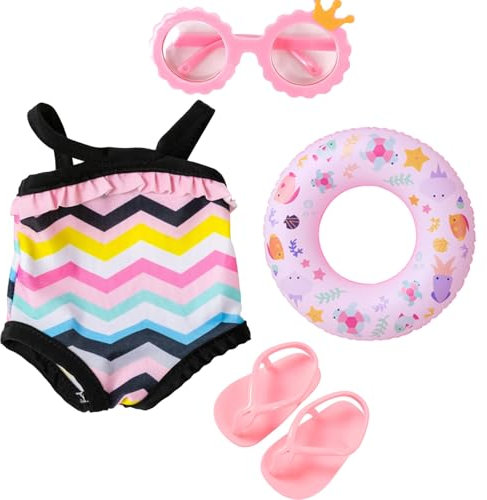 ZABARE 4 Stück Schwimmset, Schwimm Set für Puppen mit Schwimmring Sonnenbrille Badeanzug und Schuhe, Puppenzubehör für 35 - 45 cm Schwimmpuppe