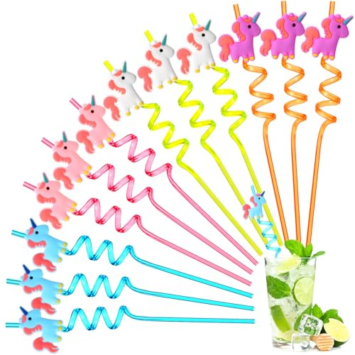 Xialvyu 12 Stück Strohhalme Kinder, Einhorn Lockige Party Trinkhalme, Wiederverwendbar Strohhalm, Bunte Strohhalme, für Kinder Geburtstagsfeier Dekorationen, Partybedarf