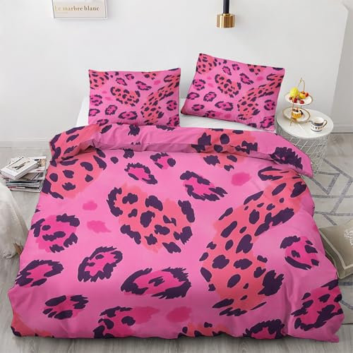 Generisch Hot Pink Leopardenmuster Bettwäsche 155x220 - Gepard Tiermuster Bettbezug 155x220 3 Teilig, Weiche & Angenehme Bettbezüge & 2 Kissenbezug 80x80, Bettwäsche-Sets mit Reißverschluss X#&-250