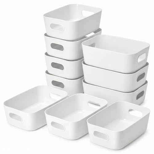 QWORK® 10 PCS White Plastic Storage Boxes with Handle 20.5 * 14 * 7 cm, Stackable PP Containers Ideal for Home, Office, and School Use