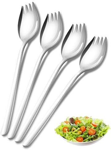 TPZORJX Sporks,4 Stück Edelstahl Spork Göffel, Lang Salatlöffel 2 In 1 Abendessen Gabel Suppenlöffel Salatgabel Nudellöffel, Multifunktion Löffel und Gabel für Camping zu Hause oder auf Reisen