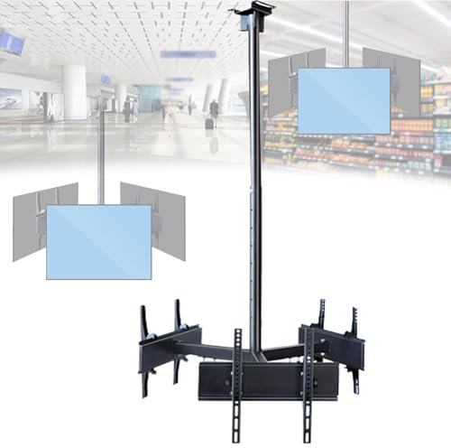 Support TV plafond 3 côtés, hauteur réglable de 1,2 à 2 m, compatible avec la plupart des écrans plats de 32 à 75 pouces, support TV plafond rotatif à 360° pour gares et aéroports