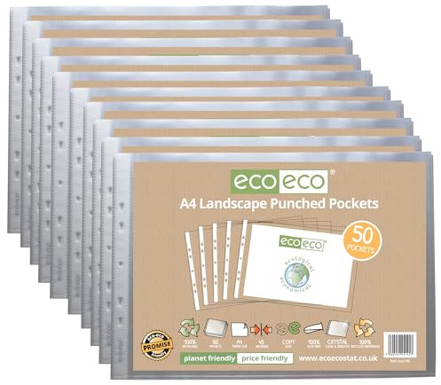 eco-eco Klarsichthüllen, A4, 100% recyceltes Querformat, mehrfach gelocht, transparent, 45 Mikrometer, 10 Packungen mit 50 Stück, eco145 x 10