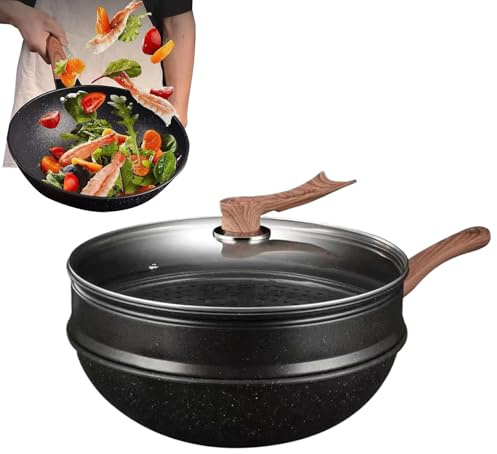Generisch Pan with Lid, 32 cm Camping Woks with Steamer Insert, for Camping, Steaming, Baking, Restaurant, Pancakes
