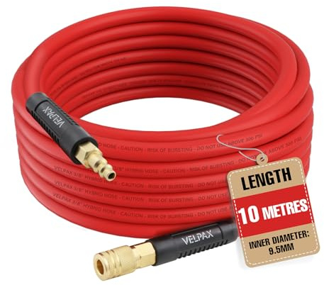 Hybrid Air Hose, 9.5mm I.D. x 15mm O.D. by 10m, 300 PSI Working Pressure, PVC & Brass Hybrid Construction with Bend Restrictors on Both Ends and 1/4 BSP Brass Fittings (Red)