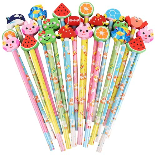 SULILO 15 Bleistifte mit 15 Radiergummis Kinder Set, Tier- und Frucht-Design, Stifte mit Radiergummi für Kinder Malen und Schreiben