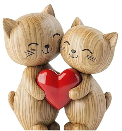 Bamyli Holz Deko Holzskulptur Eines Katzenpaars – 2D-Flache Schreibtischdekoration Mit Umarmung, Einzigartige Katzen Deko Für Katzenliebhaber, Perfekte Katzendeko für Zuhause Und Büro