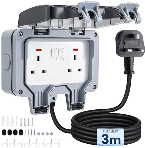 SURAIELEC Double Outdoor Weatherproof Socket with 3m Extension Lead | 13Amp 2 Gang IP66 Outside Plug Sockets, Independent Switches & LED Indicator, Wall Electrical Outlet Cover Box for Garden
