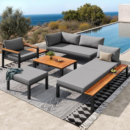 Merax Ensemble de meubles de jardin modulaires - Mobilier de salon durable pour terrasse, balcon et piscine - Salon d'extérieur avec coussins respirants, tables en bois et construction métallique