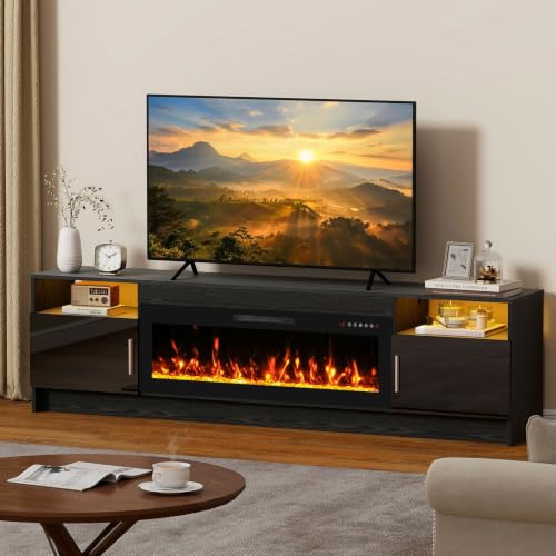 Quiniver 80 Electric Fireplace TV Stand With 36 Electric Fire Black | 750W/1500W heat,12 flame colours,20 LED hues,8H timer,overheat safety,large storage,gloss finish,UK plug,UKCA CE certified