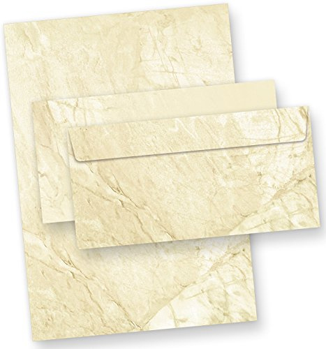 Marmor Briefpapier braun 25 Sets mit Umschläge | Tatmotive Briefbögen beidseitig marmoriert, 90 g/qm, DIN A4 (210 x 297 mm) und DIN lang (110 x 220 mm)