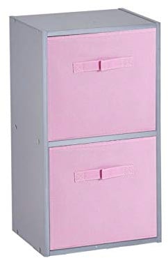 URBNLIVING Wooden Bookcase Grey 2 Tier + 2 Light Pink Drawer