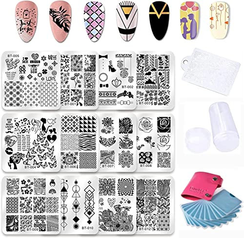 Biutee 12 PCS Round nail art Kit,nail art tools,Geometric Patterns Nail Template for Nail Salon Designs Nail Image Stamp Plates Manicure Templates Nail Art Tools(12PCS)