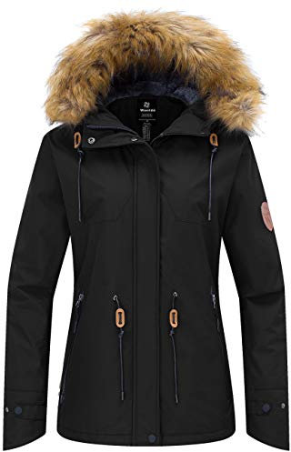 Wantdo Femme Veste de Ski Coupe-Vent Imperméable Manteau Hiver Chaude Polaire Veste Sport Outdoor Montagne Anorak Randonnée Multi-Poches Noir XXL