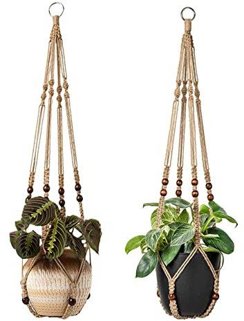 Makramee-Pflanzenhänger für den Innenbereich, 91,4 cm, hängender Pflanzkorb, Blumentopfhalter mit Perlen, ohne Quasten, Braun, 2 Packungen mit 4 Haken