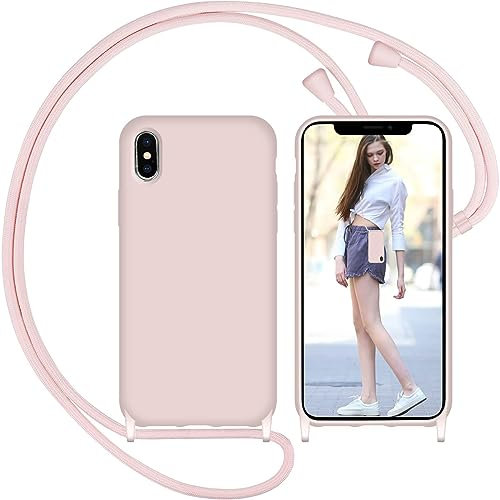 Nupcknn Funda Silicona Líquida con Cuerda para iPhone X/iPhone XS, Carcasa Suave Silicona Case con Correa Colgante Ajustable Collar Correa de Cuello Cadena Cordón(Oro Rosa, 5.8)