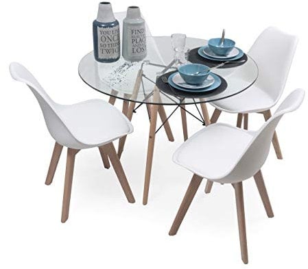 Homely - Conjunto de Comedor Tower 100 Day Cristal Mesa de Cristal Redonda de 100 cm y 4 sillas Day (Blanco)