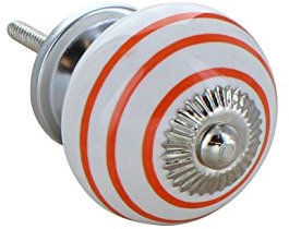 G Decor Striped on White Round Ceramic Door Knob Vintage Shabby Chic Cupboard Drawer Pull Handle (Orange on White)