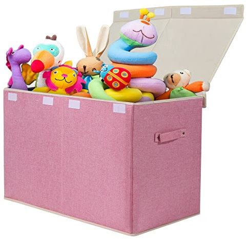 popoly Große Spielzeugkiste, Truhe mit Klappdeckel, zusammenklappbar, Kinderspielzeug, Aufbewahrungsbehälter für Jungen, Mädchen, Kinderzimmer, Spielzimmer, 63,5 x 33 x 40,6 cm (Leinen-Rosa)