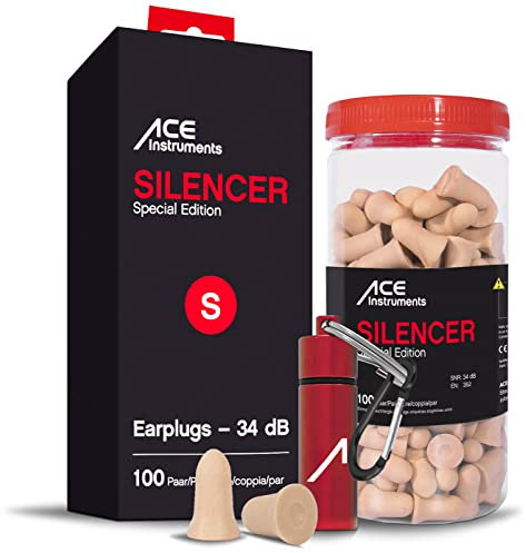 100 Paar ACE Silencer Gehörschutz-Ohrstöpsel - Ohrenstöpsel mit SNR 34 dB - EN 352-2 - Gehörschützer-Stöpsel in der Dose - S