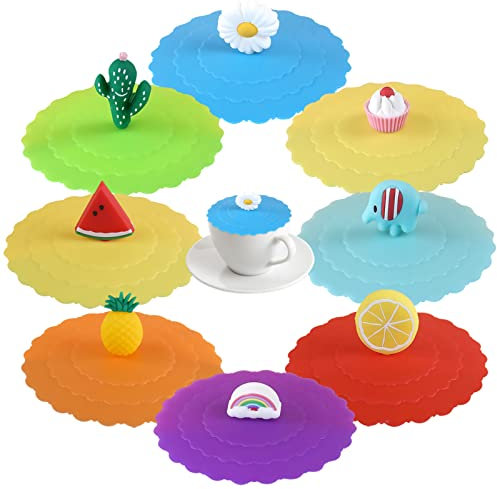 TOPJOWGA Silikon 8 Stück Glasabdeckung, wiederverwendbare Becherdeckel, Anti-Staub Silikon Tassenabdeckung, für Outdoor und Zuhause