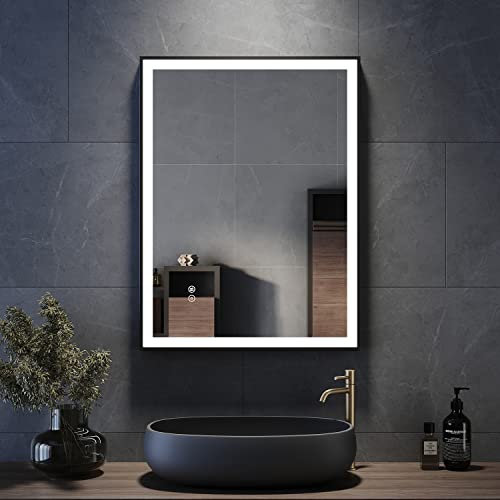 ELEGANT 800 x 600mm Bathroom Mirror with LED Lights, Backlit Illuminated Black Aluminum Frame Wall Mounted Mirror with Memory Dimmable Light and Anti-Fog, Horizontal/Vertical LED Smart Mirrors