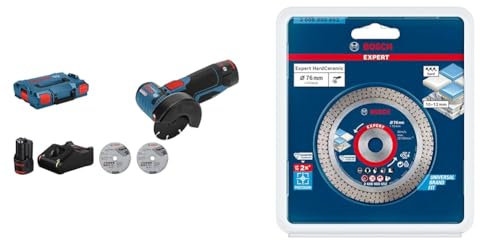 Bosch Professional GWS 12V-76 - Amoladora angular a batería (Ø 76 mm, 3 discos, 2 baterías, en L-BOXX) + 1 disco de corte de diamante Expert HardCeramic (azulejos y piedra dura, Ø 76 mm, accesorios)