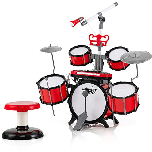 COSTWAY Batterie Enfant avec Clavier à 8 Touches et Tabouret,Ensemble de Tambours Jazz avec Microphone,Hauteur Réglable avec Port MP3,Pupitre,Batterie Musique pour Enfants 3 Ans+ (Rouge-Style 2)