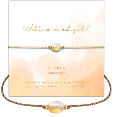happymaker - Citrin Armband Damen, Edelstein Armband gelb mit Goldperlen und Geschenkverpackung, Alles wird gut Geschenk für Frauen, Geburtsstein Skorpion, handgemacht in Deutschland
