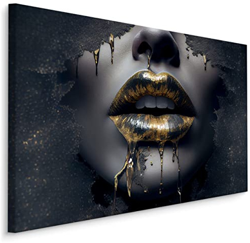 Muralo Wandbilder Gesicht, Goldene Lippen, Frau, Modern Vintage - 40x30 cm | Leinwandbild, Stilvolles Design, Aufhängefertig, UV-beständig - ideal für Wohnzimmer, Schlafzimmer und Büro