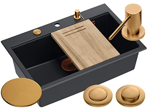 QUADRON Granite Sink, Size 76 x 50 cm, Colour: Copper, Marc Set Inclusive: Steel Cover, Soap Dispenser, Wooden Chopping Board, Steel Drip Insert