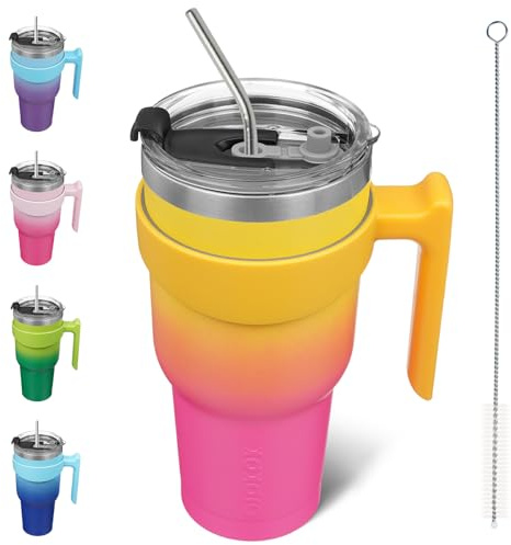 BJPKPK 1200 ml Tumbler with Handle & Straw, Insulated Stainless Steel Mug | Double Wall Vacuum, Keeps Hot/Cold, Thermal Cup, BPA Free, Dishwasher Safe, Cupholder Fit, Coffee & Travel, Pink Yellow Rose