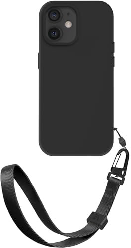ZhinkArts - Handschlaufe mit Handyhülle kompatibel mit iPhone 12/12 Pro - Handykette zum Umhängen - Band/Schnur abnehmbar - Silikon - Schwarz