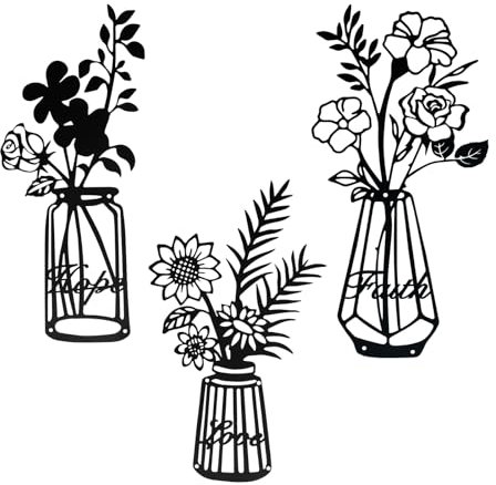bowarepro 3 Pcs Black Metal Flowers Vase Wall Art Hanging Decor, Tulip Flower Plant Minimalist Plant Wall Decor, Vase Floral Wall Art Decoration for Staircase Living Room Kitchen Decor
