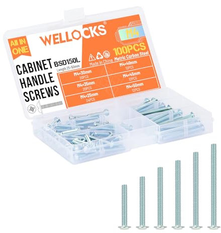 WELLOCKS Schrankgriffe Schrauben | M4 25–50 mm Maschinenschrauben Sortiment | für Schrank Schublade Knöpfe (BSD150L) | Blaues Zink | 100 Stück