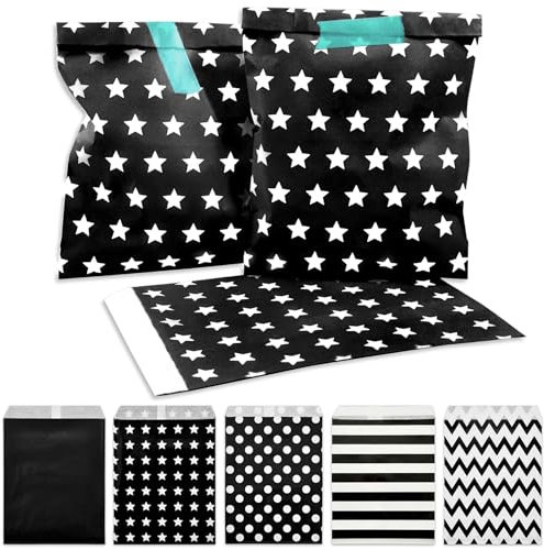 Frau WUNDERVoll® 50 Papiertüten schwarz Sterne, 13 x 16,5 cm, 45 Gramm Papier, flach/Candy Bar, Hochzeit, Kindergeburtstag, Papiertütchen, Candybag, Tüten, Mitgebseltüten