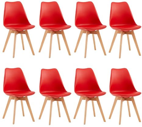 EGGREE 8er Set Esszimmerstühle mit Massivholz Buche Bein SGS Geprüfter, Skandinavisch Design Gepolsterter aus PU-Leder Küchenstuhl Essstühle, Rot