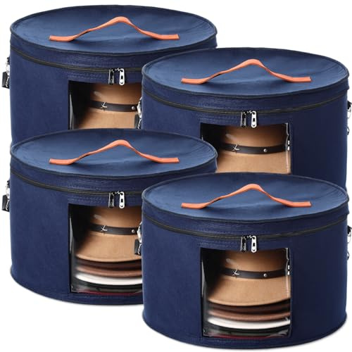 Suzile Große runde faltbare Hutbox für Damen, Aufbewahrung für bis zu 6–10 Hüte, Cowboyhut-Box mit Deckelgriffen, Schrank, Cowboy-Koffer, Organizer, Kleiderkoffer für Reisen, Geschenk, Blau, Filz, 4