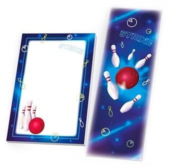 Lot de 12 marque-pages + 12 mini blocs-notes de 25 feuilles au format A7 - Pour anniversaire, fête à thème, fête, événement, voyage, garçons, filles, école, bowling fluo